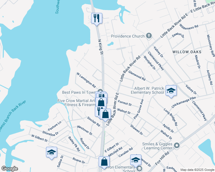map of restaurants, bars, coffee shops, grocery stores, and more near 1416 North King Street in Hampton