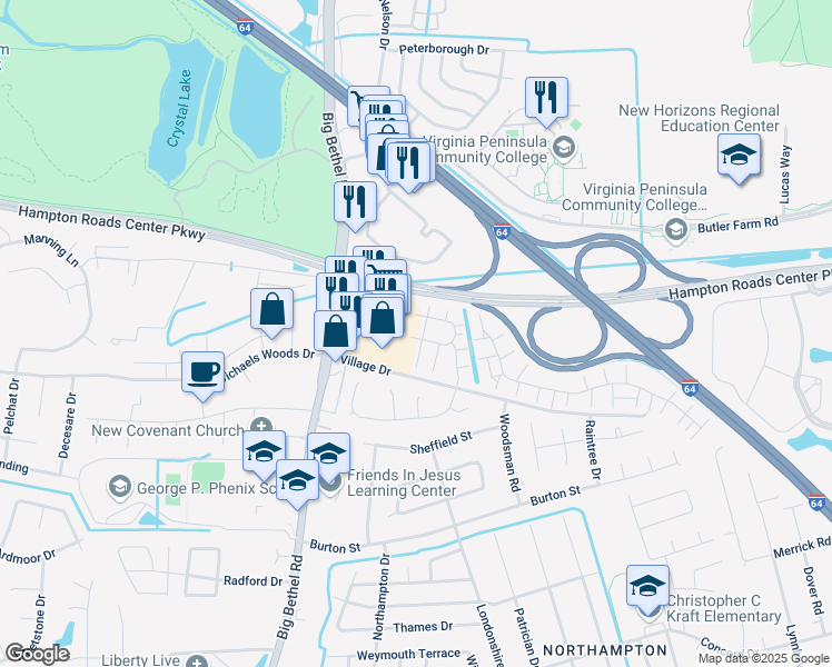 map of restaurants, bars, coffee shops, grocery stores, and more near 1124 Big Bethel Road in Hampton