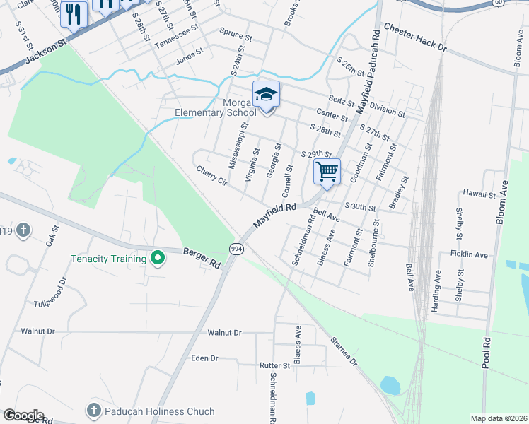 map of restaurants, bars, coffee shops, grocery stores, and more near 3120 Old Mayfield Road in Paducah