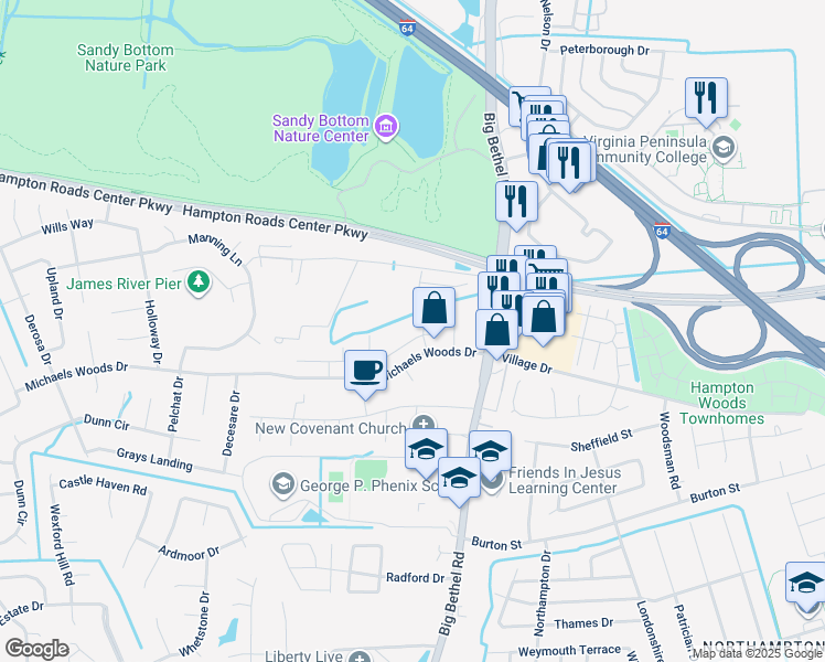 map of restaurants, bars, coffee shops, grocery stores, and more near 16 Ridge Wood Drive in Hampton
