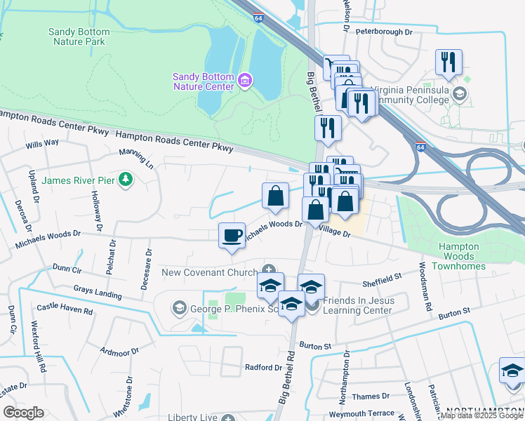 map of restaurants, bars, coffee shops, grocery stores, and more near 16 Ridge Wood Drive in Hampton
