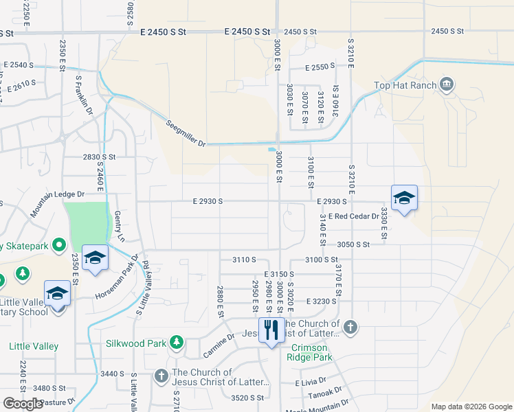 map of restaurants, bars, coffee shops, grocery stores, and more near 2962 East 2930 South in St. George