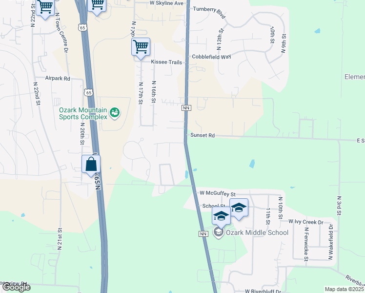 map of restaurants, bars, coffee shops, grocery stores, and more near 4101 State Highway NN in Ozark