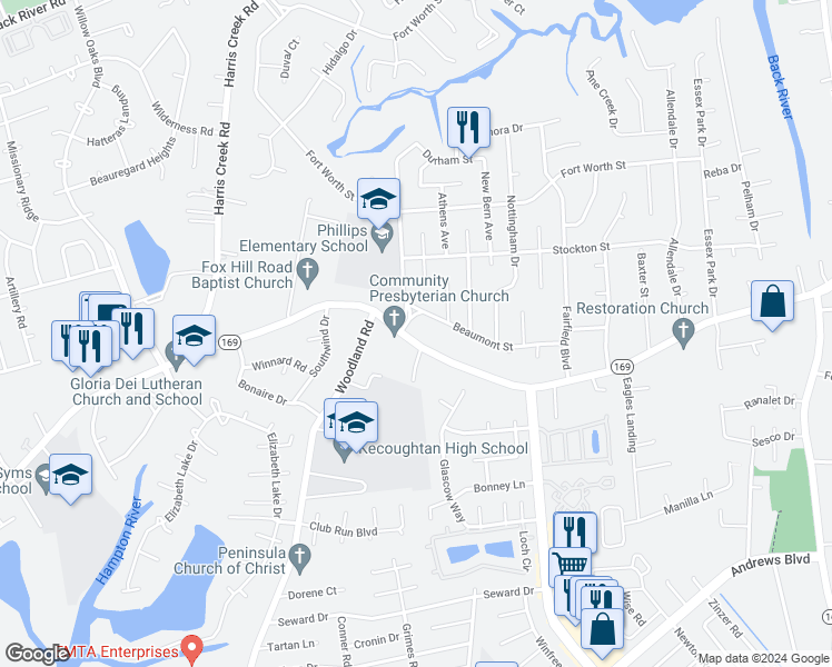 map of restaurants, bars, coffee shops, grocery stores, and more near 411 Fox Hill Road in Hampton