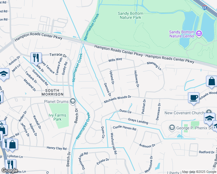 map of restaurants, bars, coffee shops, grocery stores, and more near 218 Upland Drive in Hampton
