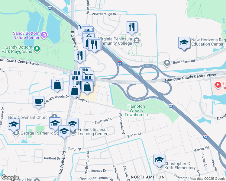 map of restaurants, bars, coffee shops, grocery stores, and more near 407 Woodview Lane in Hampton