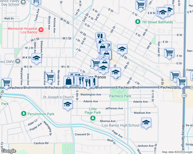 map of restaurants, bars, coffee shops, grocery stores, and more near in Los Banos