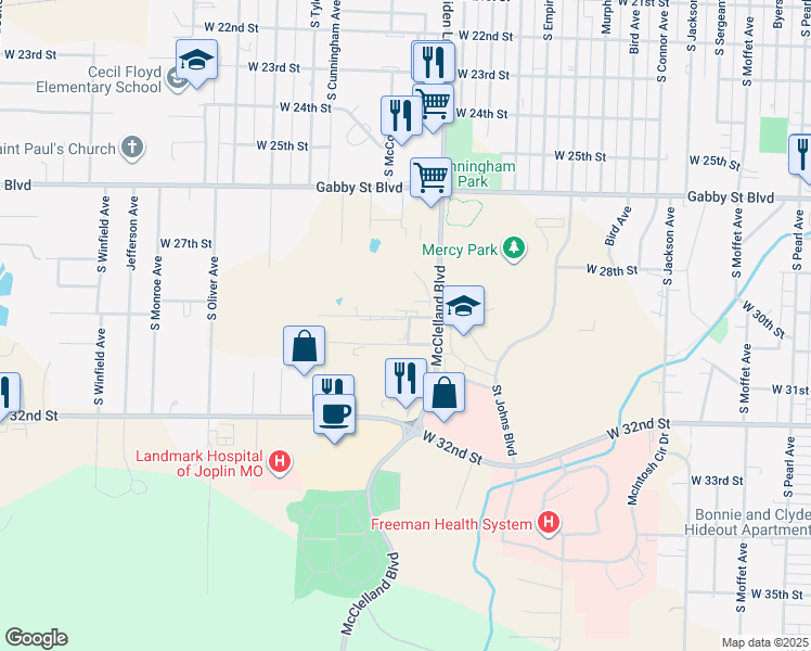 map of restaurants, bars, coffee shops, grocery stores, and more near 2910 McClelland Boulevard in Joplin