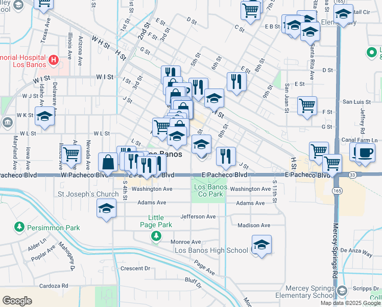 map of restaurants, bars, coffee shops, grocery stores, and more near 1109 K Street in Los Banos