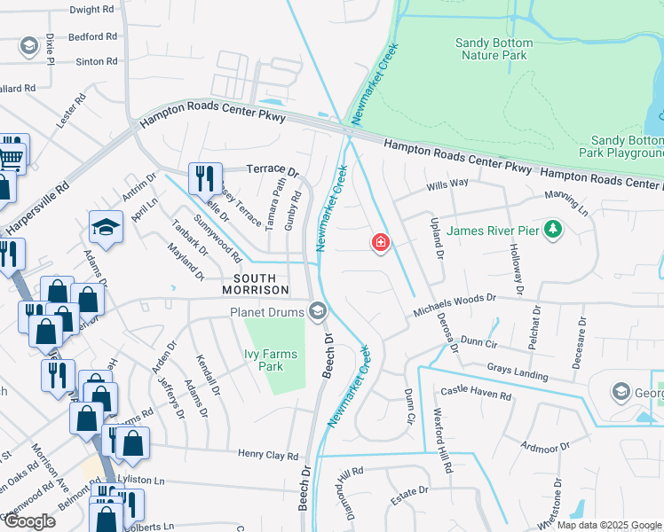 map of restaurants, bars, coffee shops, grocery stores, and more near 32 Devore Avenue in Hampton