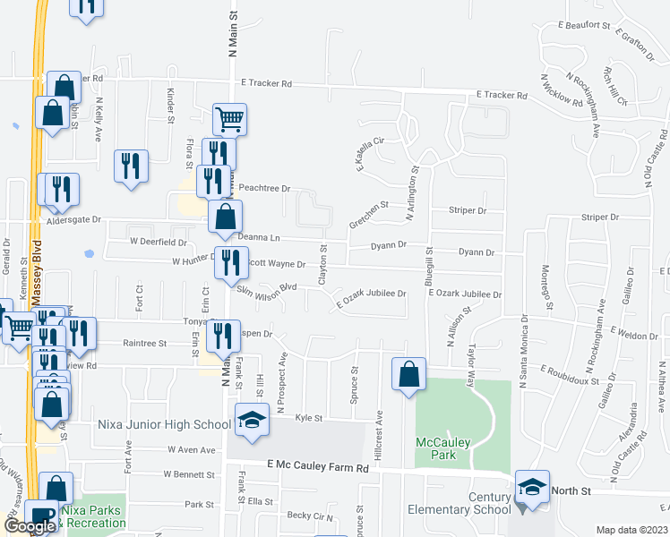 map of restaurants, bars, coffee shops, grocery stores, and more near 404 Scott Wayne Drive in Nixa