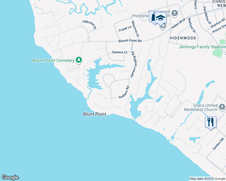 map of restaurants, bars, coffee shops, grocery stores, and more near 50 James Landing Road in Newport News