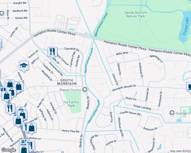 map of restaurants, bars, coffee shops, grocery stores, and more near 52 Locksley Drive in Hampton