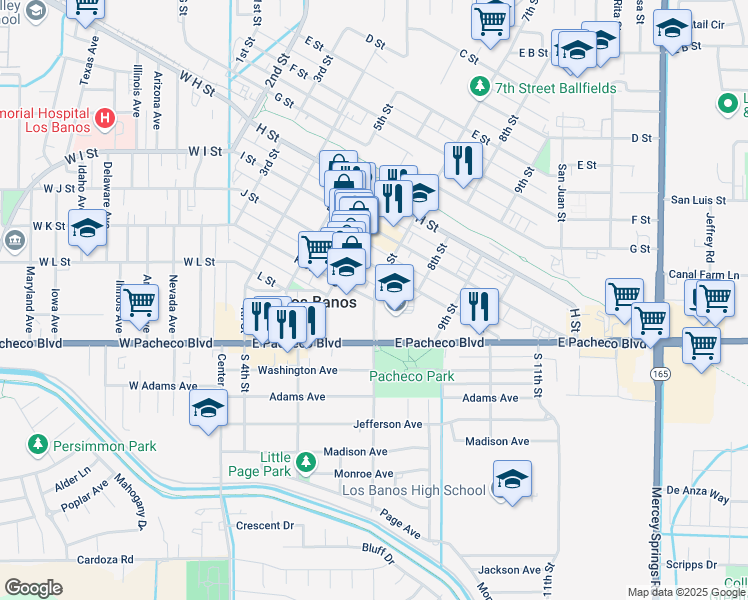 map of restaurants, bars, coffee shops, grocery stores, and more near 1109 K Street in Los Banos