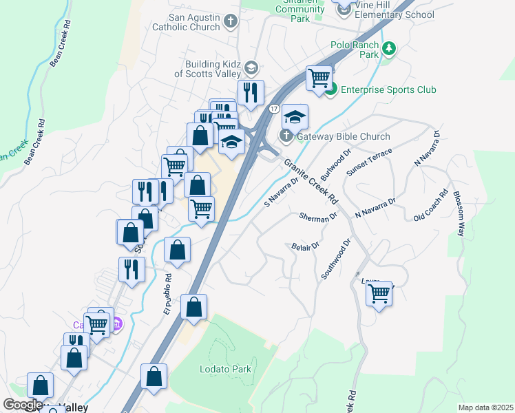 map of restaurants, bars, coffee shops, grocery stores, and more near 2 North Navarra Drive in Scotts Valley