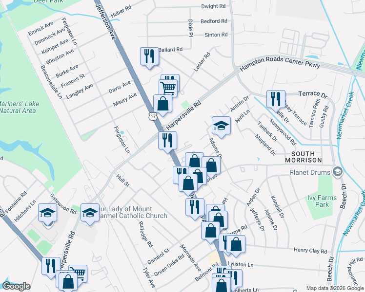 map of restaurants, bars, coffee shops, grocery stores, and more near 11112 Mintwood Place in Newport News