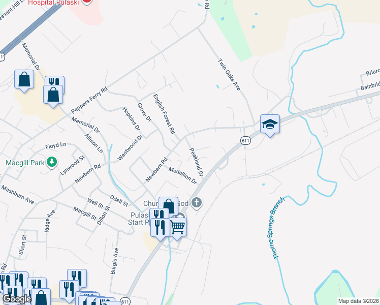 map of restaurants, bars, coffee shops, grocery stores, and more near 1724 Newbern Road in Pulaski