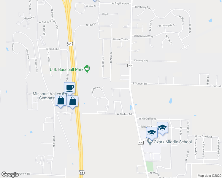 map of restaurants, bars, coffee shops, grocery stores, and more near 1504-1506 Frosty Drive in Ozark