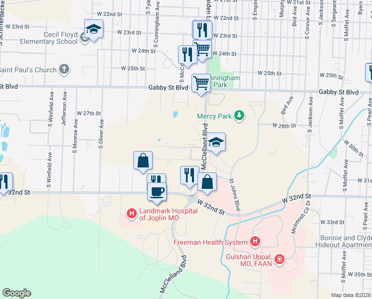 map of restaurants, bars, coffee shops, grocery stores, and more near 2918 McClelland Boulevard in Joplin