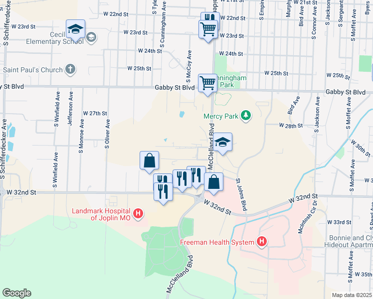map of restaurants, bars, coffee shops, grocery stores, and more near 1671 West 29th Street in Joplin