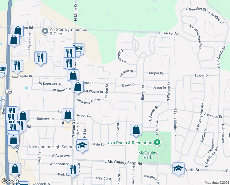 map of restaurants, bars, coffee shops, grocery stores, and more near 1124 Gretchen Street in Nixa