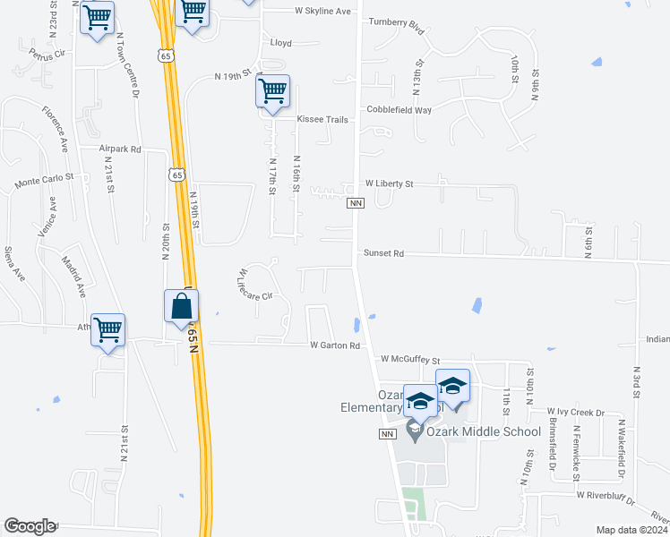 map of restaurants, bars, coffee shops, grocery stores, and more near 1408-1414 Frosty Drive in Ozark