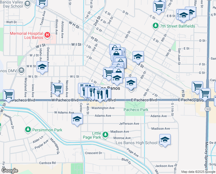 map of restaurants, bars, coffee shops, grocery stores, and more near 1135 6th Street in Los Banos