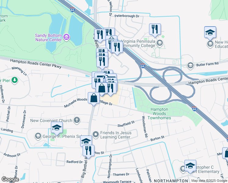 map of restaurants, bars, coffee shops, grocery stores, and more near 1164 Big Bethel Road in Hampton