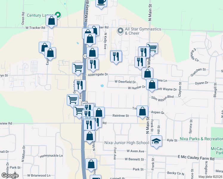 map of restaurants, bars, coffee shops, grocery stores, and more near 309 West Hunter Drive in Nixa