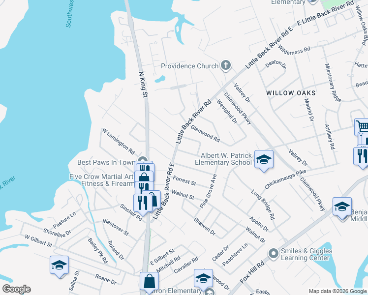 map of restaurants, bars, coffee shops, grocery stores, and more near 104 Clover Street in Hampton