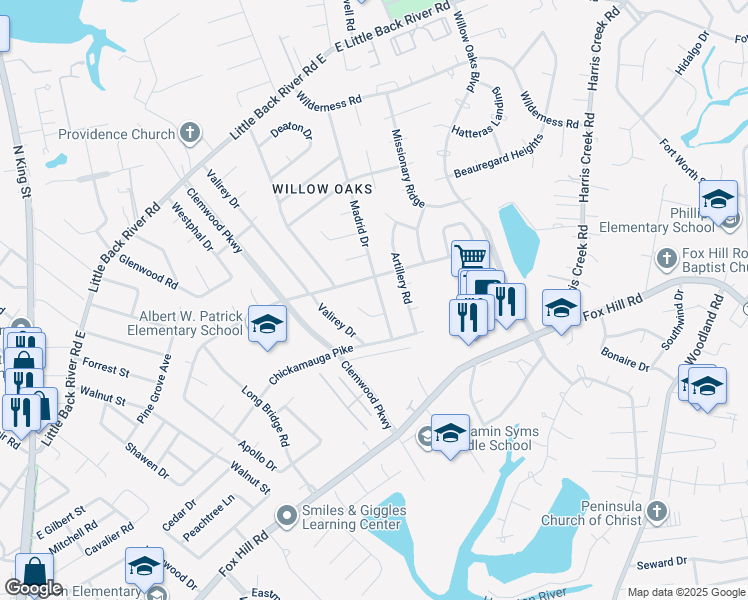 map of restaurants, bars, coffee shops, grocery stores, and more near 203 Madrid Drive in Hampton