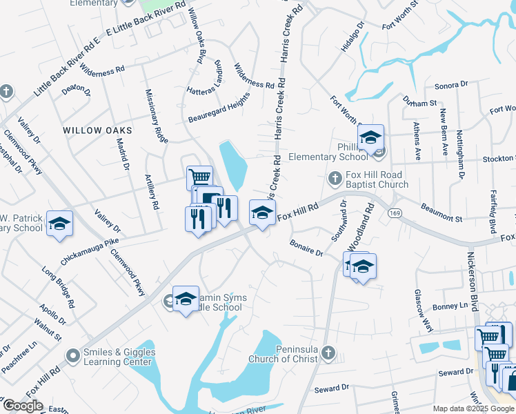 map of restaurants, bars, coffee shops, grocery stores, and more near 7 Harris Creek Road in Hampton