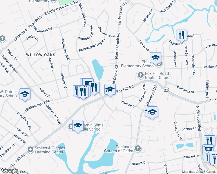 map of restaurants, bars, coffee shops, grocery stores, and more near 7 Harris Creek Road in Hampton