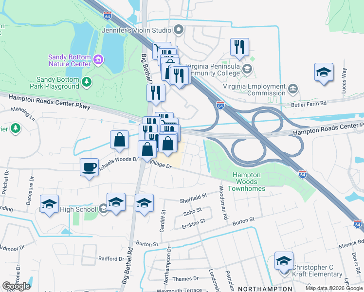 map of restaurants, bars, coffee shops, grocery stores, and more near 1168 Big Bethel Road in Hampton