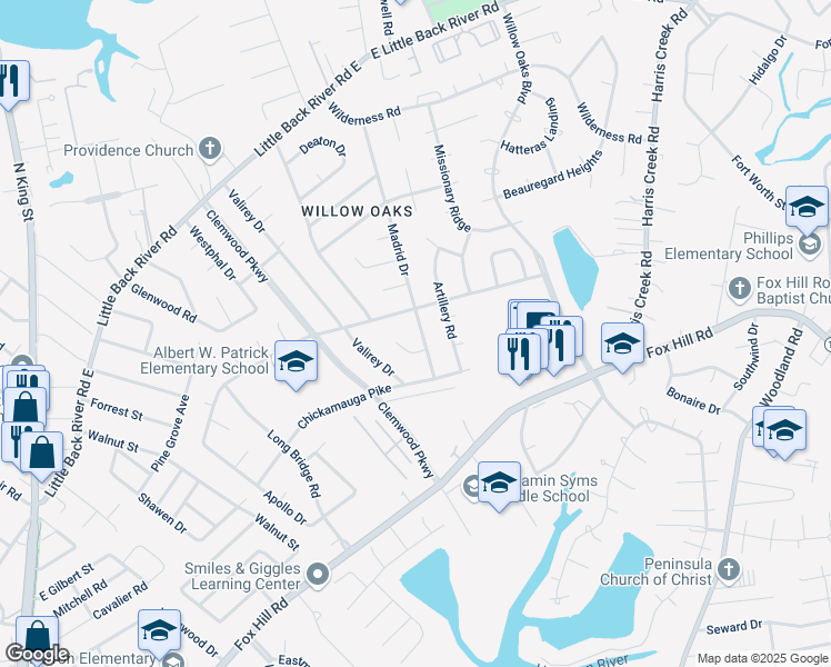 map of restaurants, bars, coffee shops, grocery stores, and more near 203 Madrid Drive in Hampton