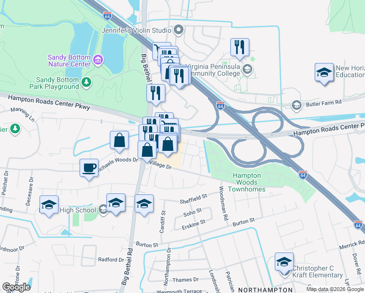 map of restaurants, bars, coffee shops, grocery stores, and more near 1168 Big Bethel Road in Hampton