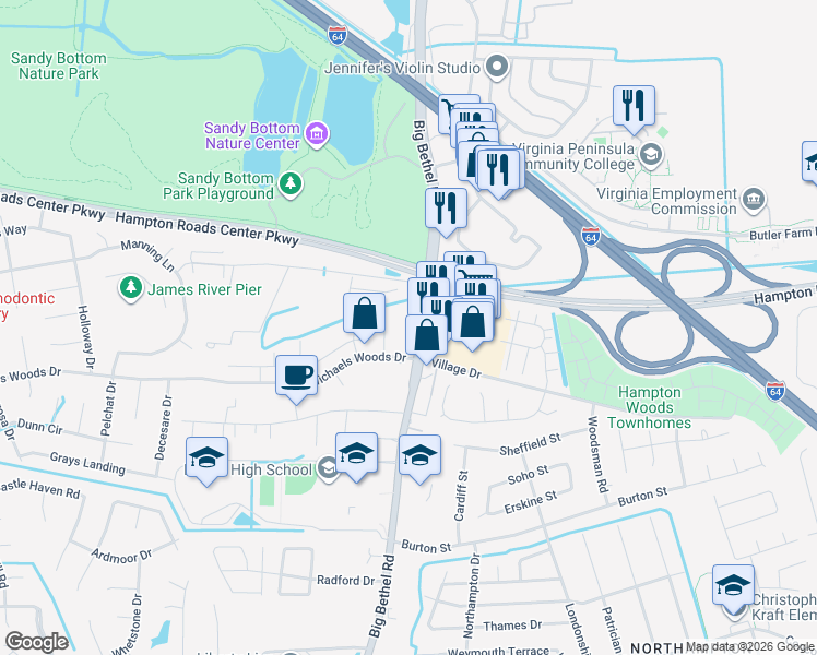 map of restaurants, bars, coffee shops, grocery stores, and more near 1207 Big Bethel Road in Hampton