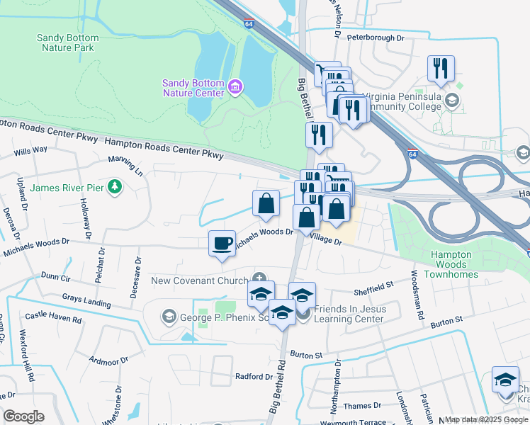 map of restaurants, bars, coffee shops, grocery stores, and more near 13 Tindalls Way in Hampton