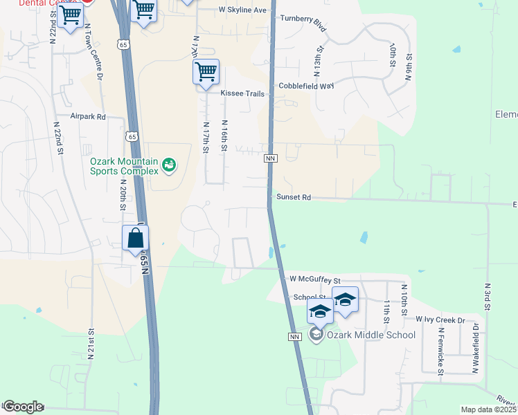 map of restaurants, bars, coffee shops, grocery stores, and more near 1408-1414 Frosty Drive in Ozark