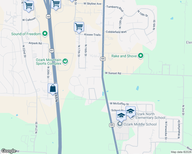 map of restaurants, bars, coffee shops, grocery stores, and more near 1408-1414 Frosty Drive in Ozark