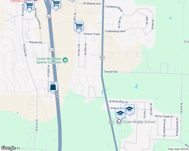 map of restaurants, bars, coffee shops, grocery stores, and more near 1408-1414 Frosty Drive in Ozark