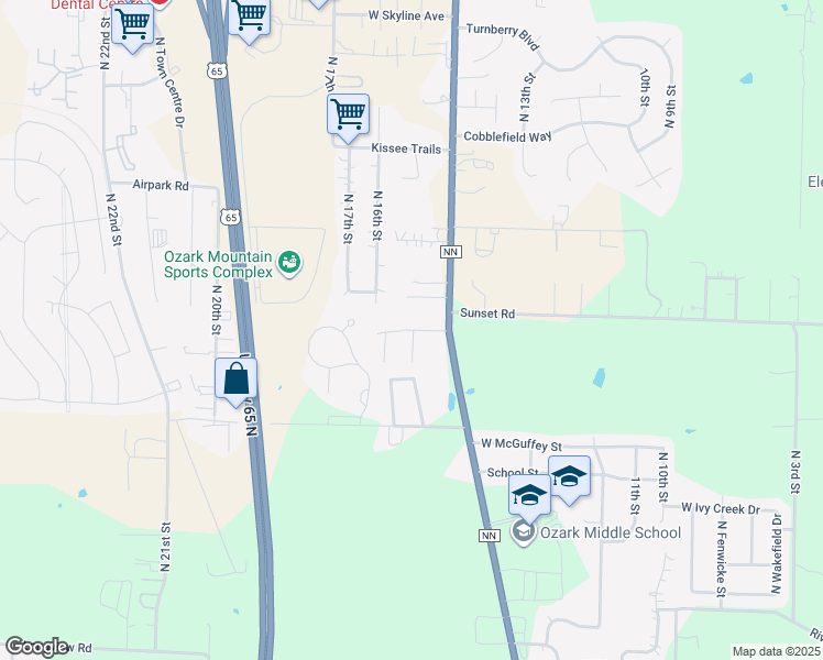 map of restaurants, bars, coffee shops, grocery stores, and more near 1408-1414 Frosty Drive in Ozark