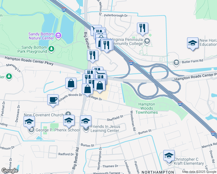 map of restaurants, bars, coffee shops, grocery stores, and more near 1168 Big Bethel Road in Hampton