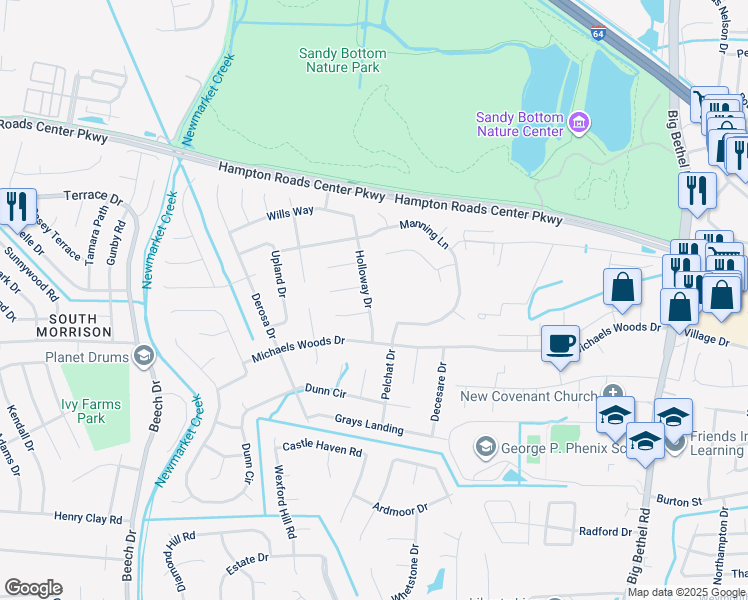 map of restaurants, bars, coffee shops, grocery stores, and more near 14 Holloway Drive in Hampton