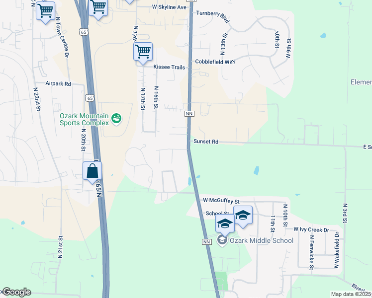 map of restaurants, bars, coffee shops, grocery stores, and more near 1400 Frosty Drive in Ozark