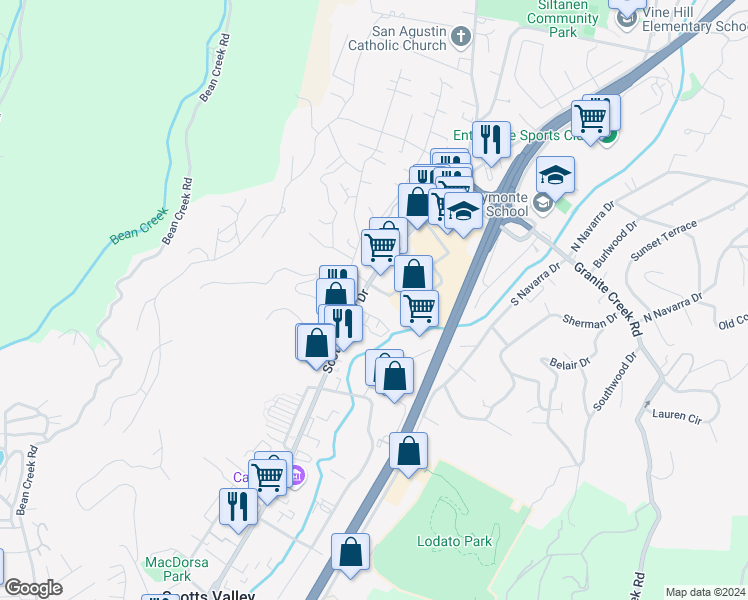 map of restaurants, bars, coffee shops, grocery stores, and more near 5346 Scotts Valley Drive in Scotts Valley