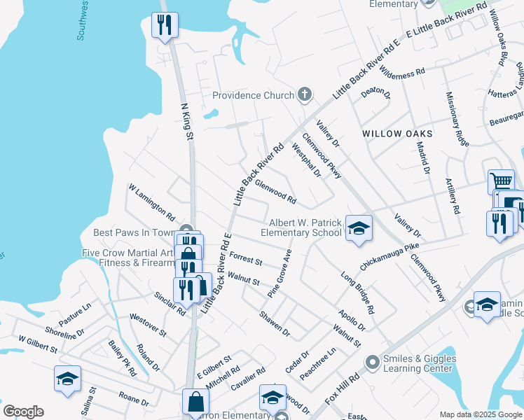 map of restaurants, bars, coffee shops, grocery stores, and more near 405 Calvert Street in Hampton