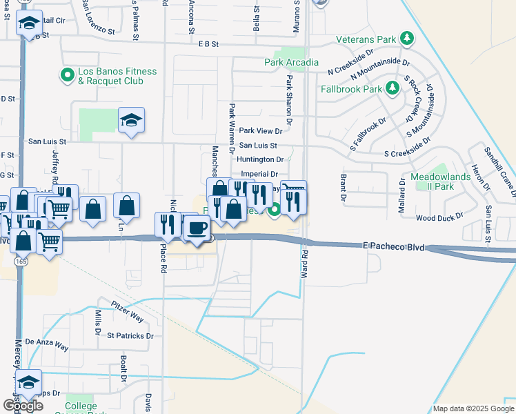 map of restaurants, bars, coffee shops, grocery stores, and more near 2191 Canal Farm Lane in Los Banos