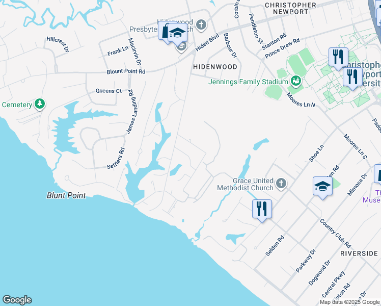 map of restaurants, bars, coffee shops, grocery stores, and more near 8 Draper Lane in Newport News