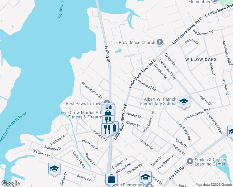 map of restaurants, bars, coffee shops, grocery stores, and more near 5 Kingslee Lane in Hampton